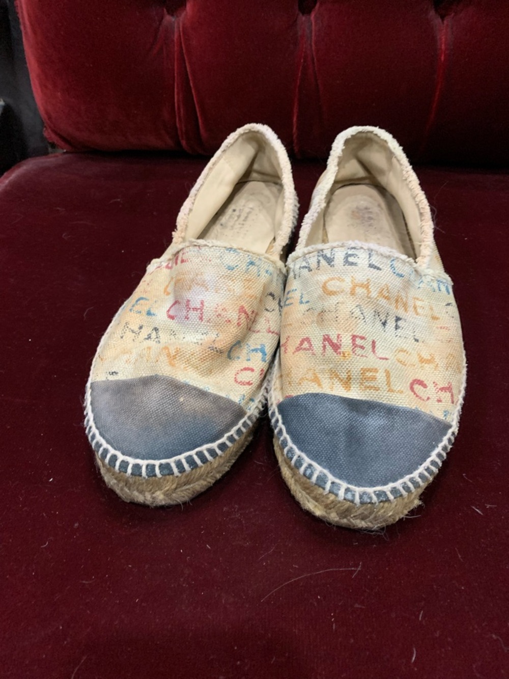 CHANEL Multicolor Logo Canvas Espadrilles with Black Toe Caps - Picture 2 of 11
